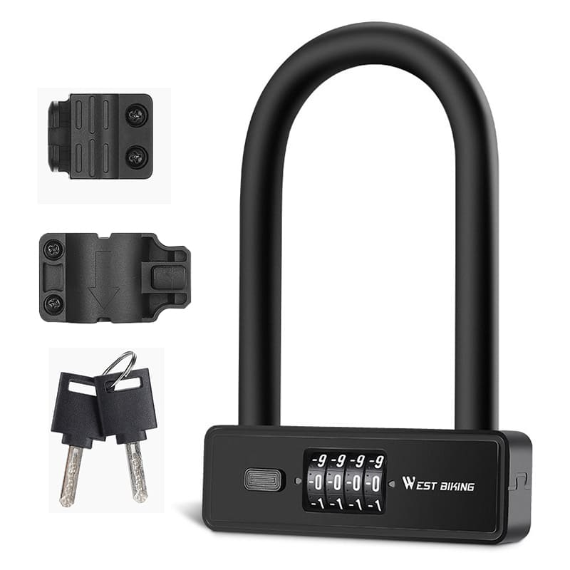 WEST BIKING Bicycle Anti-Theft Alloy Lock 4-Digit Password U-Shaped Lock Bold And Retrievable Password Motorcycle Lock