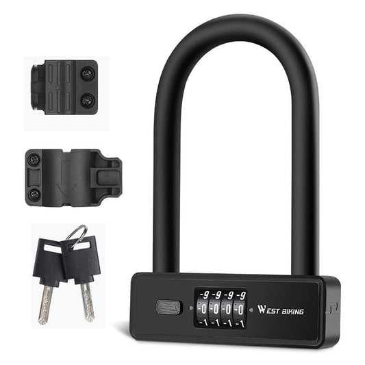 WEST BIKING Bicycle Anti-Theft Alloy Lock 4-Digit Password U-Shaped Lock Bold And Retrievable Password Motorcycle Lock