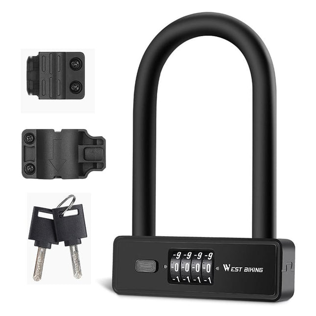 WEST BIKING Bicycle Anti-Theft Alloy Lock 4-Digit Password U-Shaped Lock Bold And Retrievable Password Motorcycle Lock