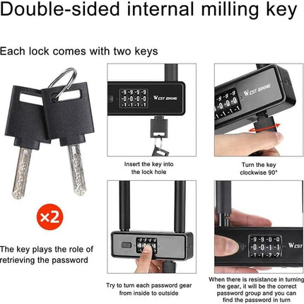 WEST BIKING Bicycle Anti-Theft Alloy Lock 4-Digit Password U-Shaped Lock Bold And Retrievable Password Motorcycle Lock