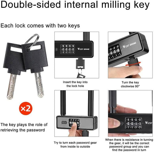 WEST BIKING Bicycle Anti-Theft Alloy Lock 4-Digit Password U-Shaped Lock Bold And Retrievable Password Motorcycle Lock
