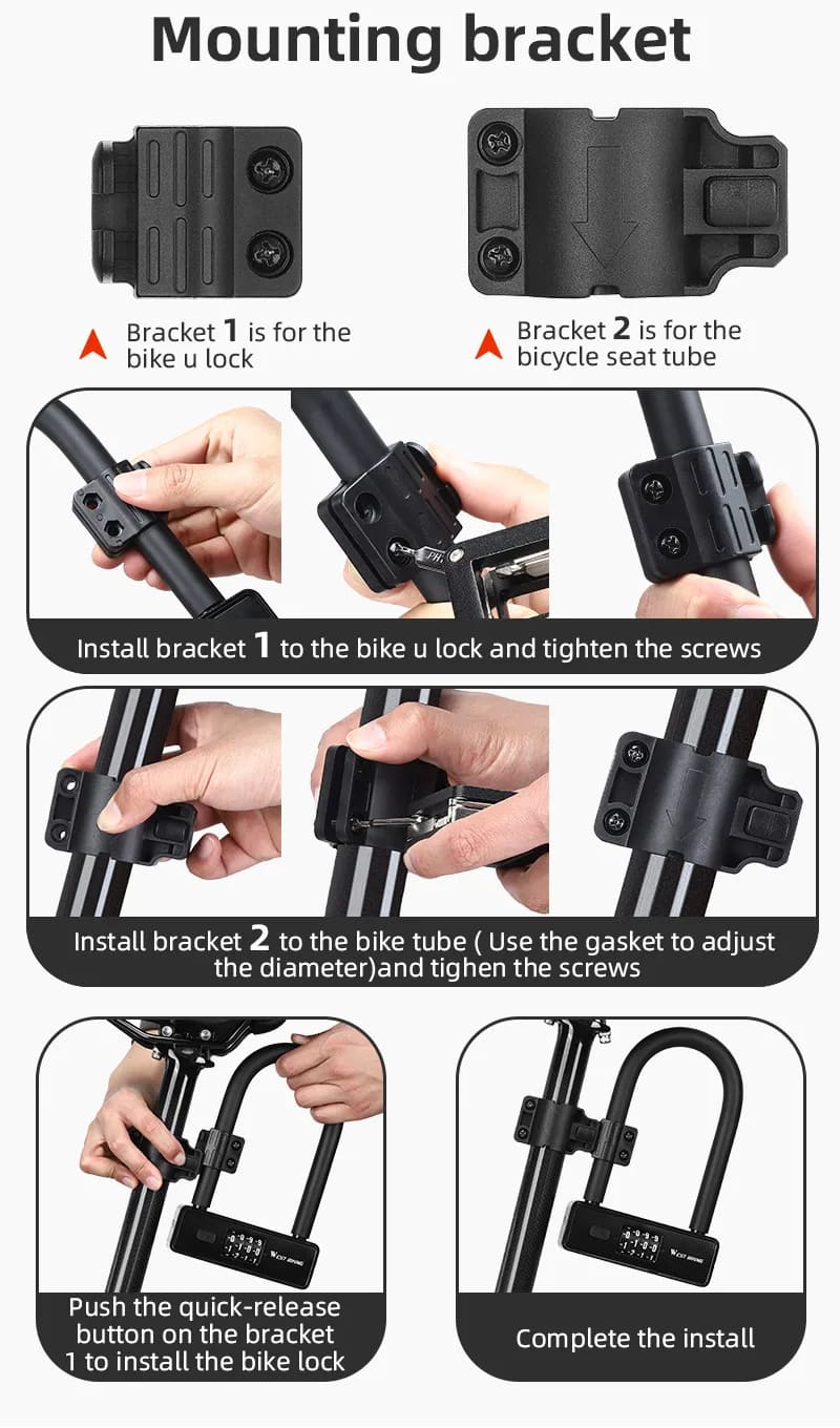 WEST BIKING Bicycle Anti-Theft Alloy Lock 4-Digit Password U-Shaped Lock Bold And Retrievable Password Motorcycle Lock