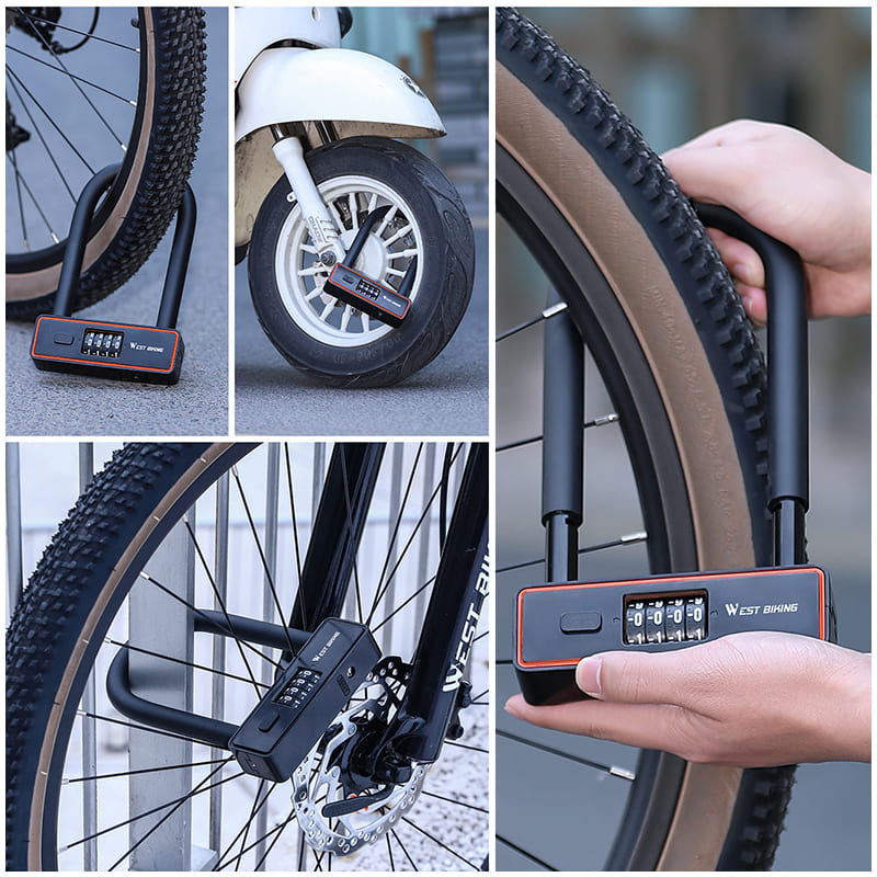 WEST BIKING Bicycle Anti-Theft Alloy Lock 4-Digit Password U-Shaped Lock Bold And Retrievable Password Motorcycle Lock