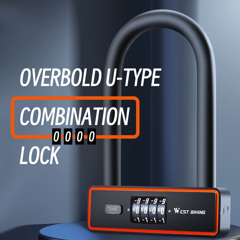 WEST BIKING Bicycle Anti-Theft Alloy Lock 4-Digit Password U-Shaped Lock Bold And Retrievable Password Motorcycle Lock