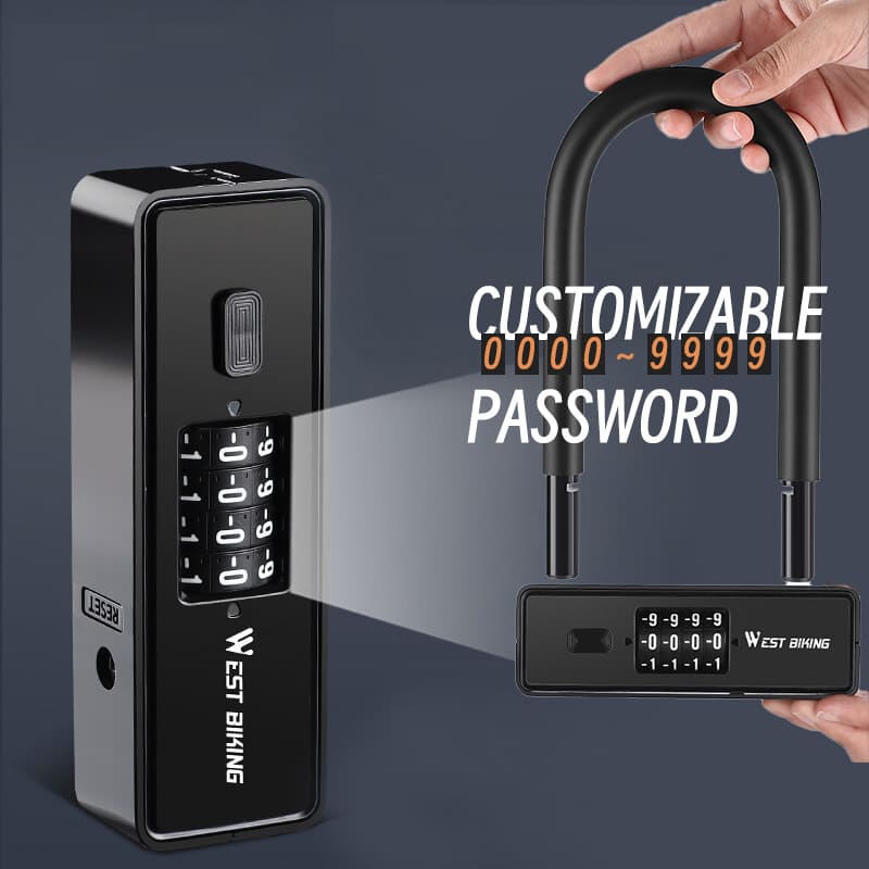 WEST BIKING Bicycle Anti-Theft Alloy Lock 4-Digit Password U-Shaped Lock Bold And Retrievable Password Motorcycle Lock