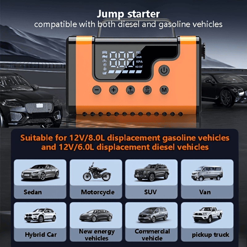 59200mWh Car Jump Starters with Air Compressor, Portable Car Battery Booster, Clean Vacuum Cleaner, 12V Lithium Ion Battery Charger, 150PSI Tire Inflator