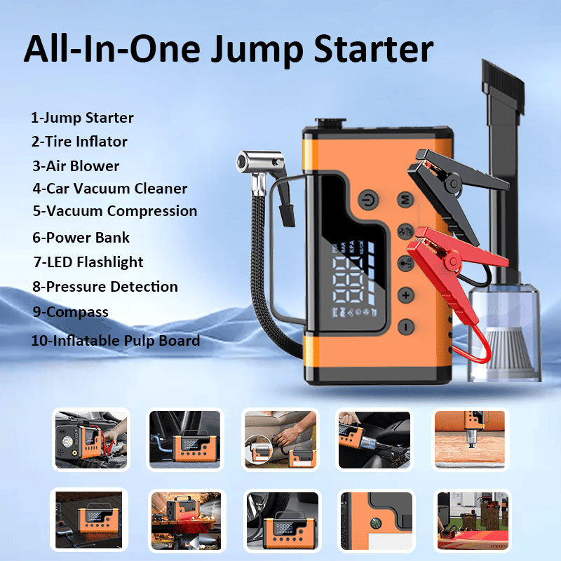 59200mWh Car Jump Starters with Air Compressor, Portable Car Battery Booster, Clean Vacuum Cleaner, 12V Lithium Ion Battery Charger, 150PSI Tire Inflator