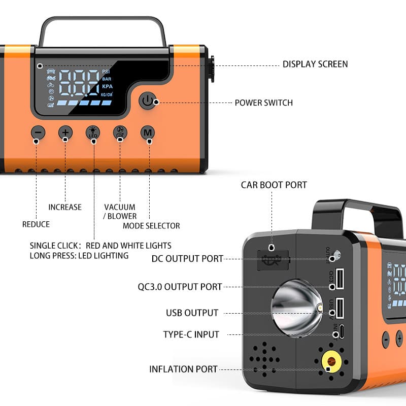 59200mWh Car Jump Starters with Air Compressor, Portable Car Battery Booster, Clean Vacuum Cleaner, 12V Lithium Ion Battery Charger, 150PSI Tire Inflator