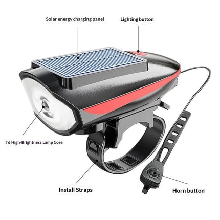 Solar bicycle headlight with LED floodlight, 120 dB horn, 80-meter visible range, USB and solar charging