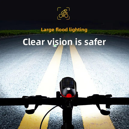 Solar bicycle headlight with LED floodlight, 120 dB horn, 80-meter visible range, USB and solar charging