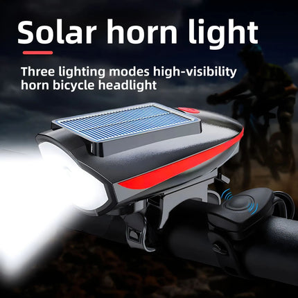 Solar bicycle headlight with LED floodlight, 120 dB horn, 80-meter visible range, USB and solar charging