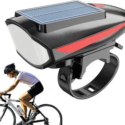 Solar bicycle headlight with LED floodlight, 120 dB horn, 80-meter visible range, USB and solar charging