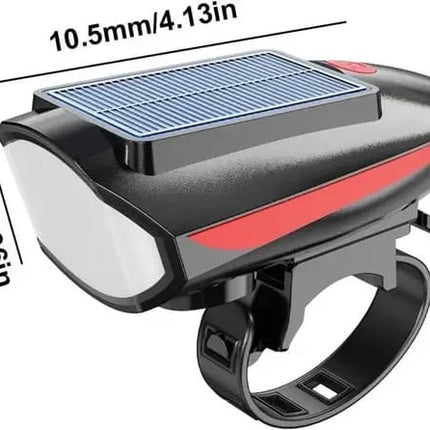 Solar bicycle headlight with LED floodlight, 120 dB horn, 80-meter visible range, USB and solar charging