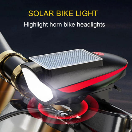 Solar bicycle headlight with LED floodlight, 120 dB horn, 80-meter visible range, USB and solar charging