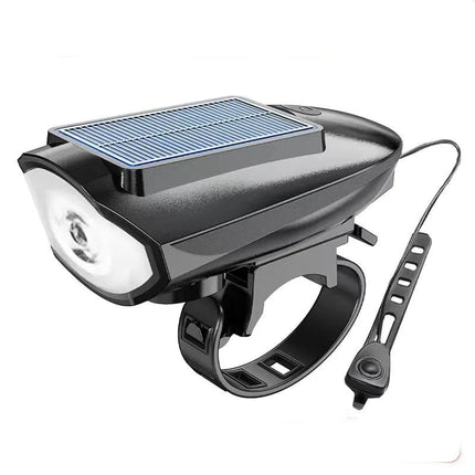 Solar bicycle headlight with LED floodlight, 120 dB horn, 80-meter visible range, USB and solar charging