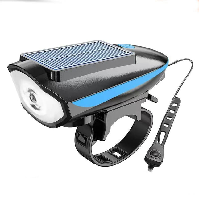 Solar bicycle headlight with LED floodlight, 120 dB horn, 80-meter visible range, USB and solar charging