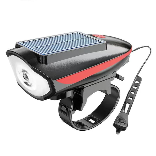 Solar bicycle headlight with LED floodlight, 120 dB horn, 80-meter visible range, USB and solar charging