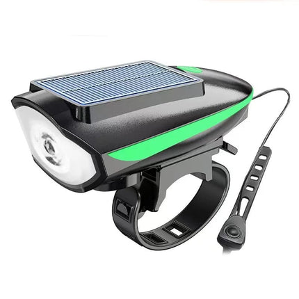 Solar bicycle headlight with LED floodlight, 120 dB horn, 80-meter visible range, USB and solar charging