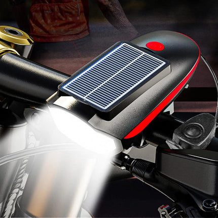 Solar bicycle headlight with LED floodlight, 120 dB horn, 80-meter visible range, USB and solar charging