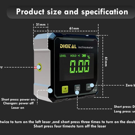 Digital Angle Finder with Electronic Laser – 4-Side Magnetic Angle Gauge, Cube Inclinometer with Backlight, High-Precision Measuring Tool for Woodworking, Table Saw, Hanging (Black)
