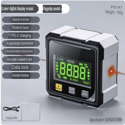Digital Angle Finder with Electronic Laser – 4-Side Magnetic Angle Gauge, Cube Inclinometer with Backlight, High-Precision Measuring Tool for Woodworking, Table Saw, Hanging (Black)