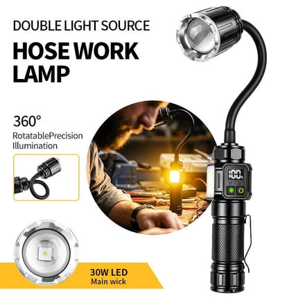 Bendable Magnetic Work Light, USB Rechargeable Work Light with Digital Display, Zoomable Strong Beam Flashlight, Adjustable Hose for Multi-angle Illumination, Shop and Repair Light
