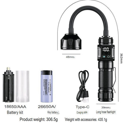Bendable Magnetic Work Light, USB Rechargeable Work Light with Digital Display, Zoomable Strong Beam Flashlight, Adjustable Hose for Multi-angle Illumination, Shop and Repair Light