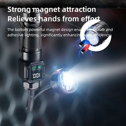 Bendable Magnetic Work Light, USB Rechargeable Work Light with Digital Display, Zoomable Strong Beam Flashlight, Adjustable Hose for Multi-angle Illumination, Shop and Repair Light