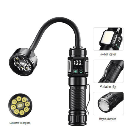 Bendable Magnetic Work Light, USB Rechargeable Work Light with Digital Display, Zoomable Strong Beam Flashlight, Adjustable Hose for Multi-angle Illumination, Shop and Repair Light